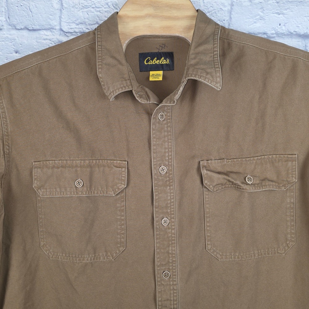 Cabelas Men Khaki Brown Cotton Canvas Short Sleeve Button Work Shirt 2XLT TALL
